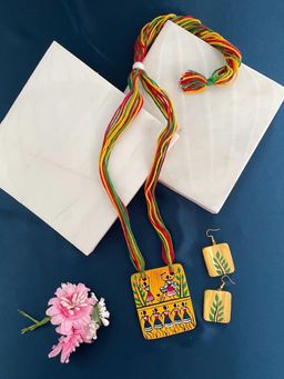 Digital Dress Room - Hand Painted Warli Prints Necklace with Earrings Set Yellow