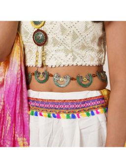 BeAbhika - Oxidized Silver Elephant Waistbelt with Floral Beads Green