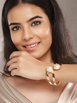 Saraf RS Jewellery - Anti-tarnish18k Gold Plated Pearl Studded Cuff Bangle Bracelet (2.4)