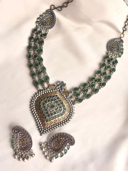 Peach Tassels - Green Metal Long Necklace with Earrings Set