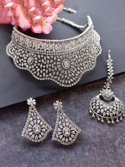 Peach Tassels - Cz White Choker Necklace with Earrings and Maang Tikka Set