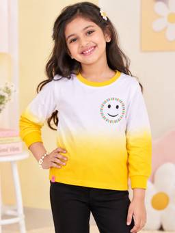 KiddoPanti - Girls Cotton Ombre Effect Printed T-shirt- Yellow