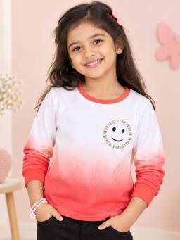 KiddoPanti - Girls Cotton Ombre Effect Printed T-shirt- Red