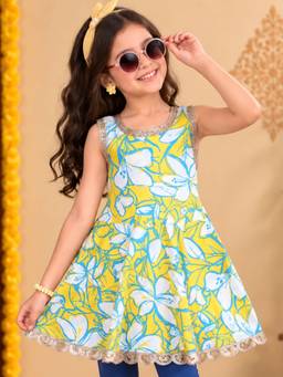 KiddoPanti - Cotton Sleeveless Abstract Floral Printed Peplum Kurta Top