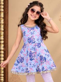 KiddoPanti - Cotton Sleeveless Ethnic Floral Printed Peplum Kurta Top - Blue