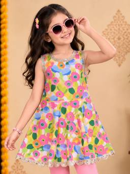 KiddoPanti - Cotton Sleeveless Tropical Printed Peplum Kurta Top - Multi-Color