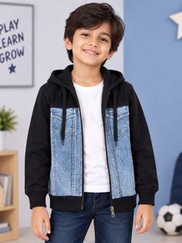 KiddoPanti - Black Denim Full Sleeves Regular Hoodie