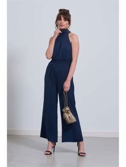 Little Mistress - Navy Halterneck Satin Jumpsuit (M)