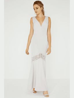 Little Mistress - Abbie Lilac Plunge Maxi Dress With Lace Insert (L)