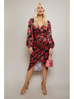 Little Mistress - Lucia Floral-print Gold Foil Satin Midi Dress