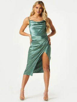 Little Mistress - Sabrin Green Polka-dot Satin Mock Wrap Midi Dress