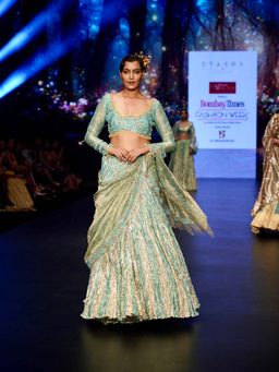 Etasha by Asha Jain - Sea Green Embellished Pre-Draped Saree with Stitched Blouse