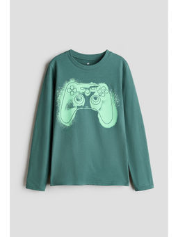 H&M - Boys Green Printed Long-Sleeved T-Shirt