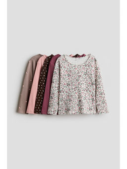 H&M - Girls Brown 5-Pack Long-Sleeved Cotton T-Shirts