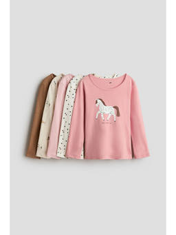 H&M - Girls Pink 5-Pack Long-Sleeved Cotton T-Shirts