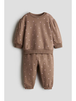 H&M - Girls Brown 2-Piece Printed Fleece Sweatshirt Set