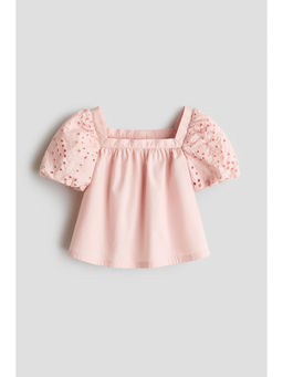H&M - Girls Pink Puff-Sleeved Cotton Poplin Blouse