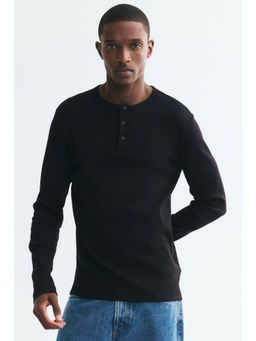 H&M - Men Black Slim Fit Ribbed Cotton Henley Top