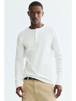 H&M - Men White Slim Fit Ribbed Cotton Henley Top