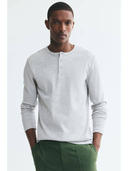 H&M - Men Grey Slim Fit Ribbed Cotton Henley Top