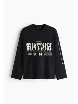 H&M - Men Black Regular Fit Printed Long-Sleeved Cotton T-Shirt