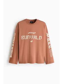 H&M - Men Beige Regular Fit Printed Long-Sleeved Cotton T-Shirt