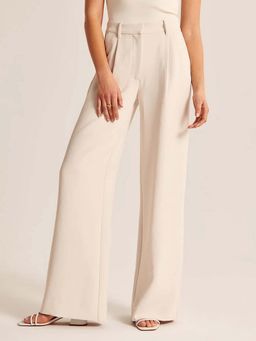 Fnocks - Women Formal High-Waisted Wide Leg Cream Trouser