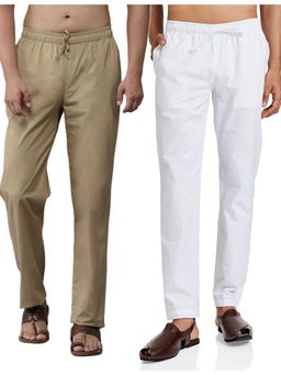 See Designs - Men White and Brown Cotton Solid Combo Pajama (Pack of 2)