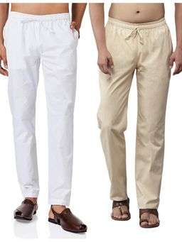 See Designs - Men White and Beige Cotton Solid Combo Pajama (Pack of 2)