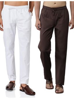 See Designs - Men White and Coffee Cotton Solid Combo Pajama (Pack of 2)
