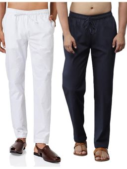 See Designs - Men White and Navy Blue Cotton Solid Combo Pajama (Pack of 2)