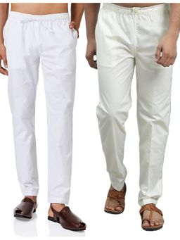 See Designs - Men White and Cream Cotton Solid Combo Pajama (Pack of 2)