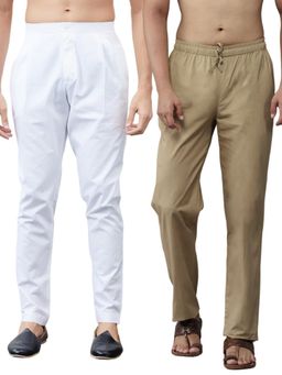 See Designs - Men White and Brown Cotton Solid Combo Pajama (Pack of 2)