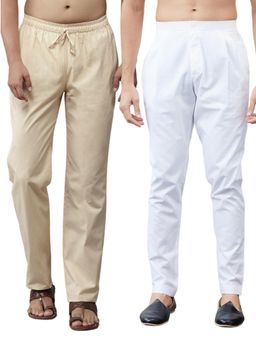 See Designs - Men White and Beige Cotton Solid Combo Pajama (Pack of 2)