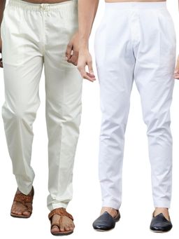 See Designs - Men White and Cream Cotton Solid Combo Pajama (Pack of 2)
