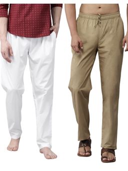 See Designs - Men White and Brown Cotton Solid Combo Pajama (Pack of 2)