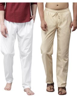 See Designs - Men White and Beige Cotton Solid Combo Pajama (Pack of 2)