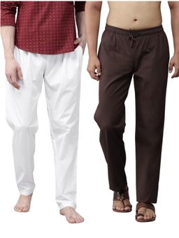 See Designs - Men White and Coffee Cotton Solid Combo Pajama (Pack of 2)