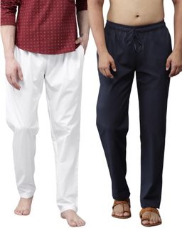 See Designs - Men White and Navy Blue Cotton Solid Combo Pajama (Pack of 2)
