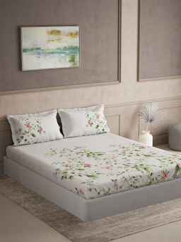 Ddecor Live Beautiful - Cotton Floral 180 TC Double Bedsheet with 2 Pillow Covers - White