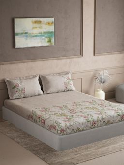 Ddecor Live Beautiful - Cotton Floral 180 TC Double Bedsheet with 2 Pillow Covers - Beige