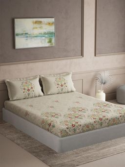 Ddecor Live Beautiful - Cotton Ethnic 180 TC Double Bedsheet with 2 Pillow Covers - Beige