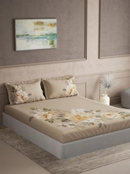 Ddecor Live Beautiful - Cotton Floral 180 TC Double Bedsheet with 2 Pillow Covers - Beige