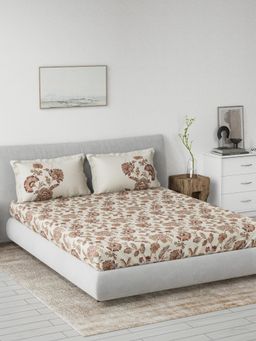 Ddecor Live Beautiful - Cotton Floral 145 TC Double Bedsheet with 2 Pillow Covers - Brown