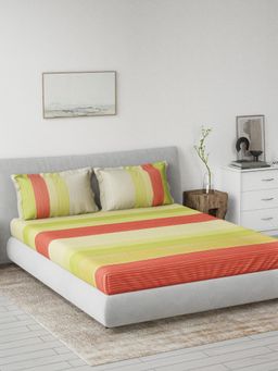 Ddecor Live Beautiful - Cotton Stripes 145 TC Double Bedsheet with 2 Pillow Covers - Yellow