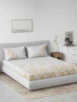 Ddecor Live Beautiful - Cotton Leaves 145 TC Double Bedsheet with 2 Pillow Covers - Beige