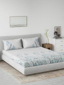 Ddecor Live Beautiful - Cotton Leaves 145 TC Double Bedsheet with 2 Pillow Covers - Blue