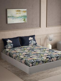 Ddecor Live Beautiful - Cotton Floral 145 TC Double Bedsheet with 2 Pillow Covers - Blue