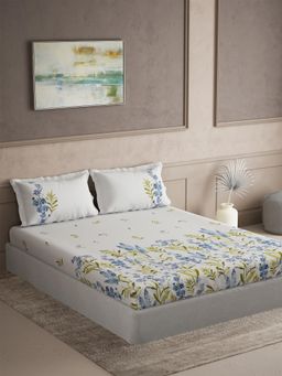 Ddecor Live Beautiful - Cotton Floral 145 TC Double Bedsheet with 2 Pillow Covers - Blue
