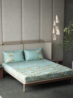Ddecor Live Beautiful - Cotton Floral 210 TC Double Bedsheet with 2 Pillow Covers - Turquoise